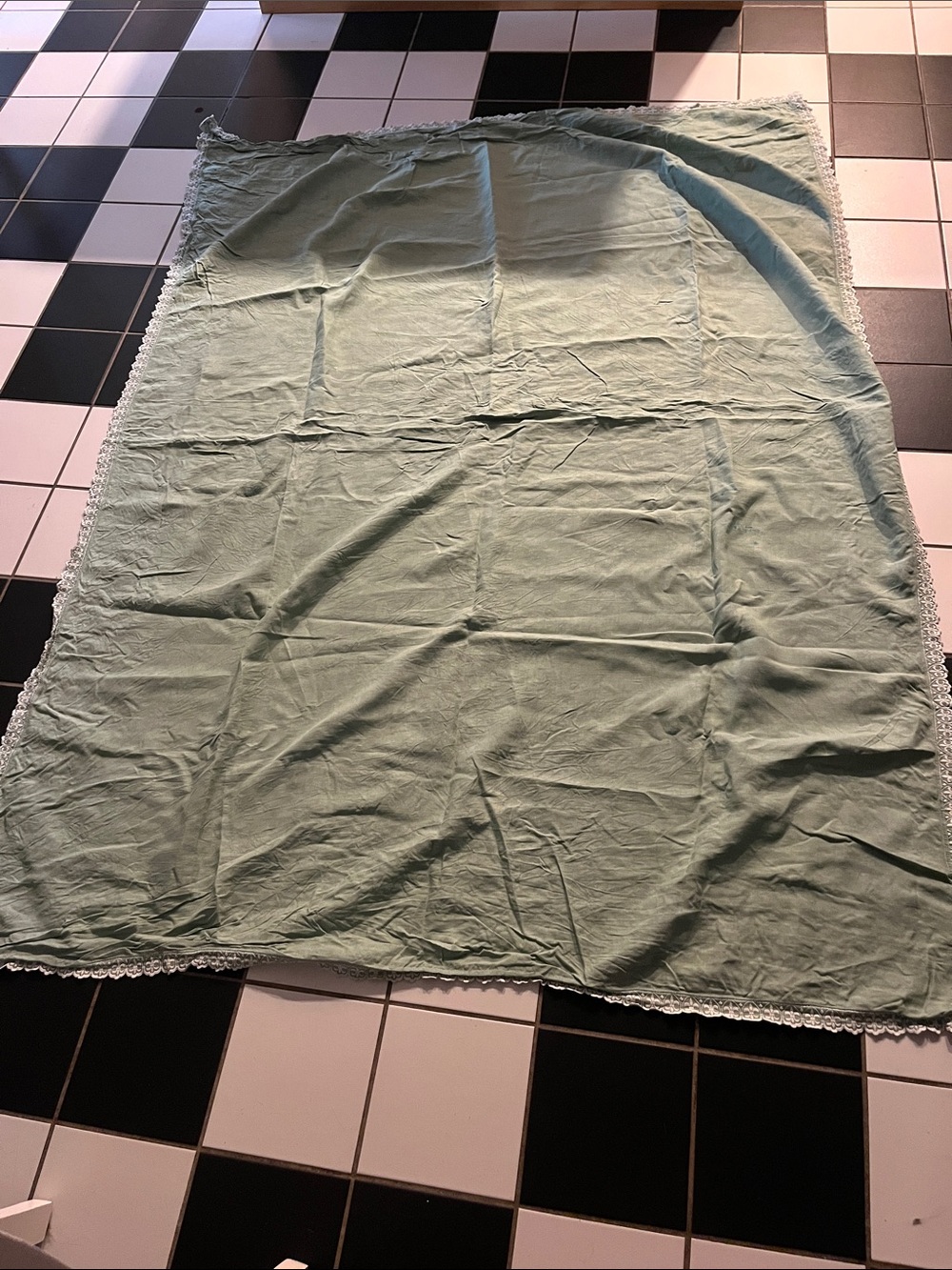 Vintage Sage Green tablecloth with Lace Trim